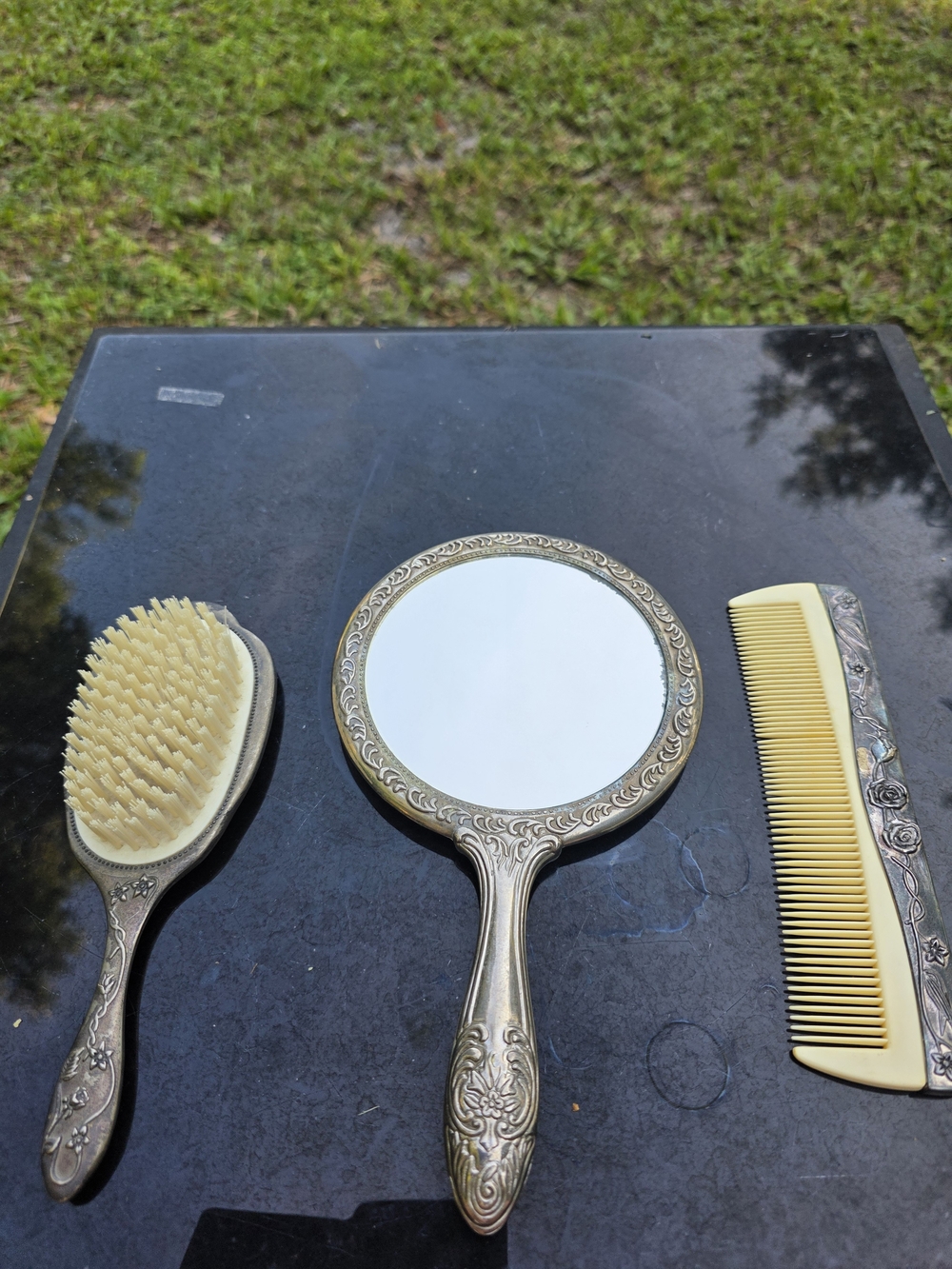 Source Unknown Silver-Tone Hand Mirror, Brush & Comb Set with Cream Bristles